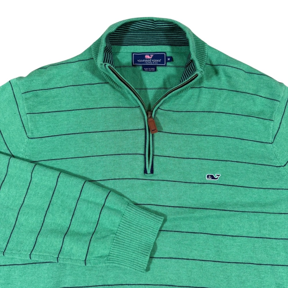 Vineyard Vines Quarter Zip Pullover Men's Medium‎ Green Striped Whale Logo Golf